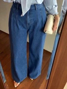 Dazy Plus 高腰水洗藍色百褶寬腿牛仔褲，寬鬆版型百搭長褲，四季皆宜 - 中等水洗藍 - 查看 5