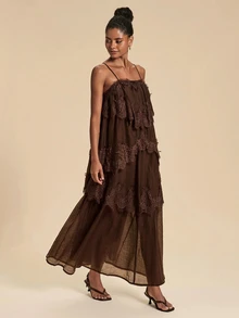Travachic Women's Solid Color Contrast Lace Multi-Layer Ruffle Elegant Spaghetti Strap Squishy Fairy Spring/Summer Crinkled Adjustable Strap Tiered Dress - Coffee Brown - View 2