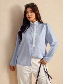 Elaquor Plus Size Women's Striped Casual Daily Wear Shirt - Blue and White - View 4