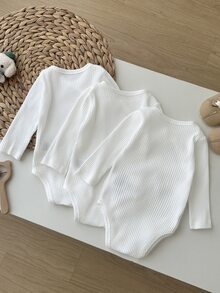 SHEIN 3件裝新生兒嬰兒女寶男寶連身衣連身褲 可愛甜美白色羅紋針織側開扣純色長袖V領輕便舒適夏季度假嬰兒服 - 白色 - 查看 2
