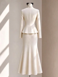 SHEIN Autumn/Winter Long Sleeve Business Commute Wedding Banquet Party Elegant Formal Rhinestone Button Cinched Waist Ruffle Hem Blazer & Slit Fishtail Skirt Set, Beige, Elegant Romantic Women's 2 Pieces Set - Apricot - View 2
