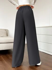 SHEIN EZwear 女款純色高腰百褶寬腿口袋長褲 - 深灰色 - 查看 2