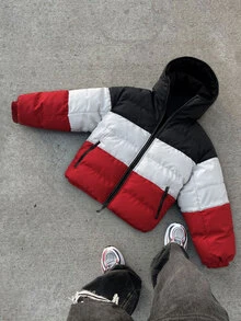 Manfinity Roghcode Men's Colorblock Puffer Jacket, Black Red White Contrast Hooded Zip-Up Loose Fit Winter Coat, Suitable For Streetwear And Daily Wear - Red - View 1