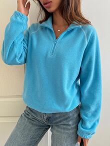 DAZY Women's Raglan Long Sleeve Zipper Half-Placket Casual Sweatshirt - Blue - View 7