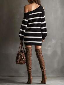 SHEIN Women's Striped Asymmetrical Neck Long Sleeve Fashion Knit Dress - Black - View 2