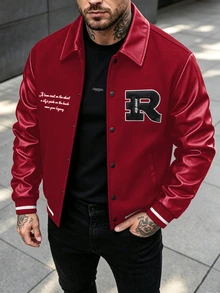 Manfinity CasualCool Men's Solid Colour Patchwork Front Button Long Sleeve Letter Print Casual Baseball Jacket,Teamjacket - Red - View 1