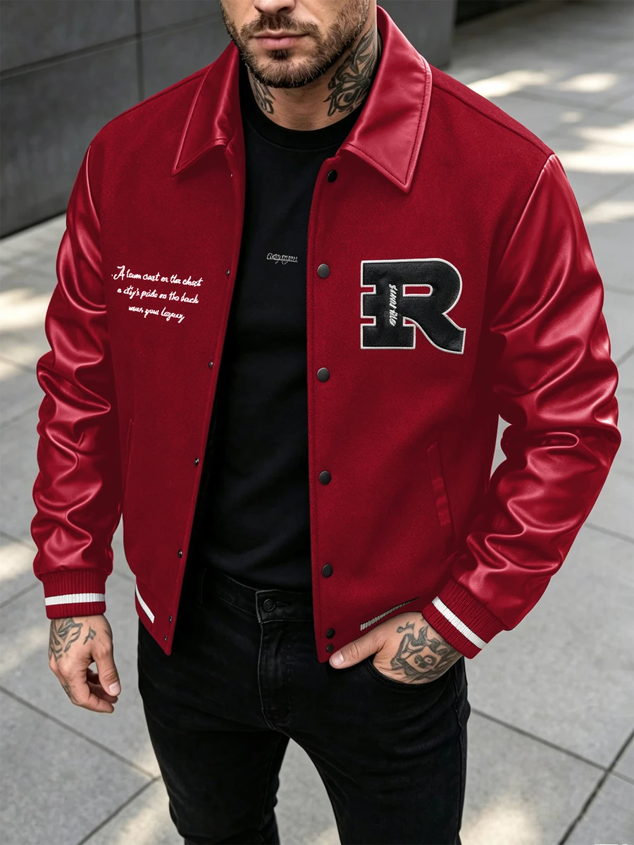 Manfinity CasualCool Men's Solid Colour Patchwork Front Button Long Sleeve Letter Print Casual Baseball Jacket,Teamjacket - Red - View 1