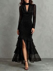 LUMIGAL Winter Women's Black Glitter Mesh Maxi Dress, Long Sleeve, Cowl Neck, High Slit Ruffle Hem, Fishtail Hem, Nightclub Prom Evening Dress - Black - View 9