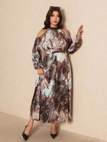Elaquor Gaun Pesta Kasual Wanita Ukuran Besar dengan Motif Cetak Seluruh Permukaan - MultiWarna - View 5