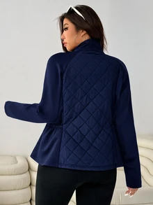 SHEIN EZwear Autumn/Winter Plus Size Slim Fit Elastic Pocket Patchwork Jacket - Navy Blue - View 2