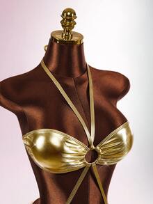 Amplova Women's Gold 2 Pieces Swimsuit Set With Tassel Mini Skirt, One-Piece Cutout Backless Sexy Metallic Swimwear - Gold - View 6