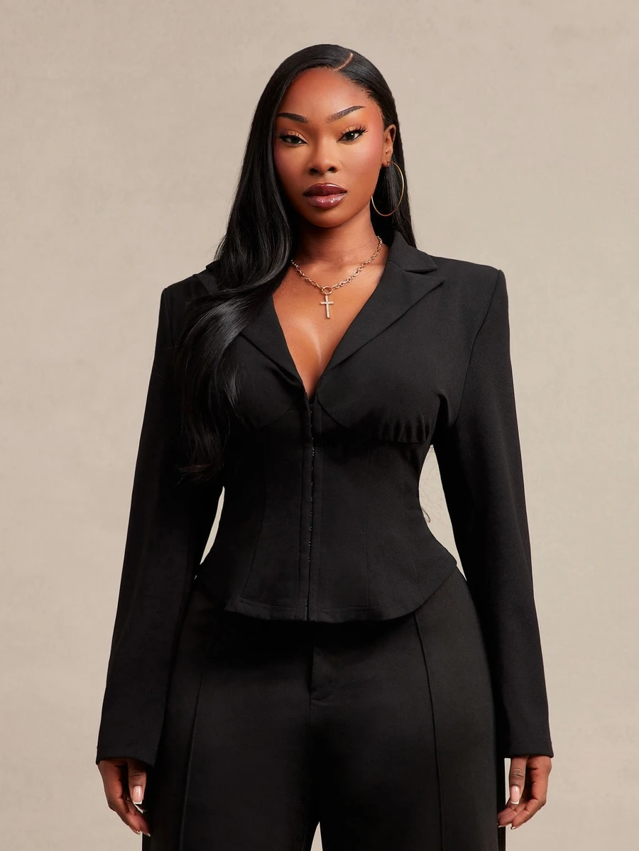 SHEIN SXY Black Padded Shoulder V-Neck Cropped Fitted Waist Blazer - Black - View 1