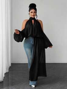 Maweii Plus Size Women's Solid Color Cold Shoulder Casual Daily Wear Blouse - Black - View 3