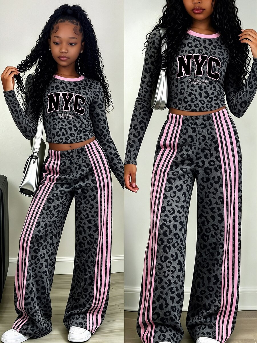 青少年女孩 NYC 炭灰色豹紋長袖上衣與寬腿長褲套裝，時尚休閒穿搭，秋冬款 (2件組) - 彩色 - 查看 1