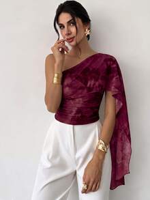 Firerie Women's One Shoulder Floral Print Ribbon Top - Burgundy - View 4