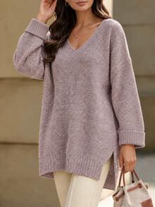 Wandoria Women's V-Neck Chunky Knit Slouchy Sweater Side Slit Loose Drop Shoulder Long Sleeve Knit Top - Mauve Purple - View 1
