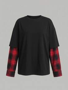 SHEIN 青少年女孩 T-Shirt 秋冬新款 2合1 黑色拼接格紋時尚圓領寬鬆長袖 T-Shirt 返校季街頭風 萬聖節聖誕節 - 黑色 - 查看 4