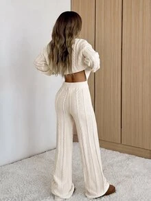 SHEIN EZwear 女款休閒舒適兩件套，淺杏色圓領長袖上衣搭配長褲，適合秋冬穿著 - 杏色 - 查看 2