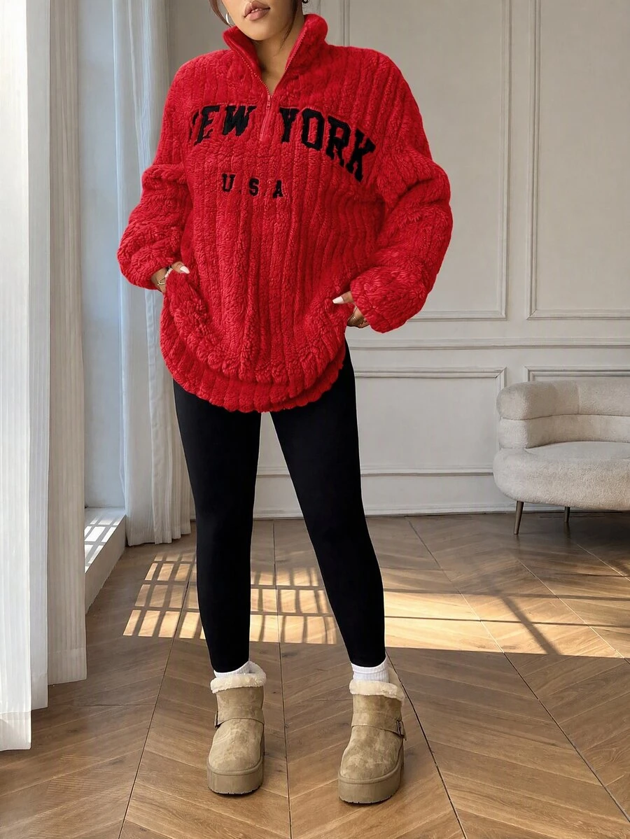 SHEIN EZwear 大尺碼 2 件套:紅色休閒字母印花拉鍊抓絨連帽衫與修身瑜伽褲,百搭大尺碼風格,適合秋冬 - 紅色 - 查看 1