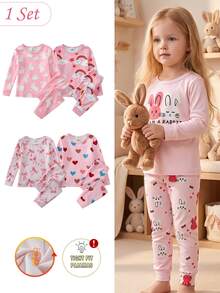 Girls Sweet Cute Comfortable Soft Thick Thermal Lined Fitted Fabric Pink Rabbit Bow Heart Rainbow Cloud Print Round Neck Pullover Long Sleeve Top And Pants Loungewear Set 2pcs - Multicolor - View 4