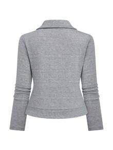 SHEIN EZwear 女款大尺碼紋理布料翻領拉鍊休閒機車夾克 - 灰色 - 查看 2