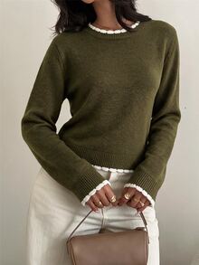 SHEIN BASICS Women Sweaters Office Brunch Olive Green Autumn French - Green - View 7