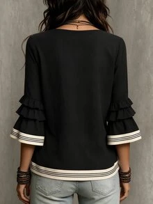 SHEIN LUNE Women's Half-Button Henley Collar Textured Shirt, Multi-Layer Ruffle Bell Mid-Sleeves, Striped Contrast Trim Casual Top - Black - View 2
