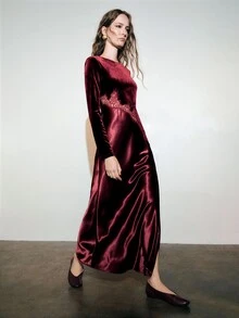 MOTF PREMIUM VELVET LACE SATIN PATCHWORK SLIT DRESS - Burgundy - View 4