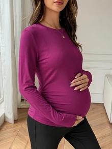 Dazy Maternity Solid Color Slim Fit Round Neck Long Sleeve Casual Soft Vacation Korean Style Spring Autumn Maternity T-Shirt Formal Photoshoot White - Burgundy - View 4
