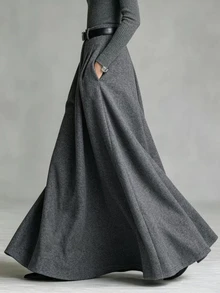Glimmora Women's Solid Color Pocket Elastic Waist Oversized Hem Skirt, Autumn/Winter - Grey - View 4