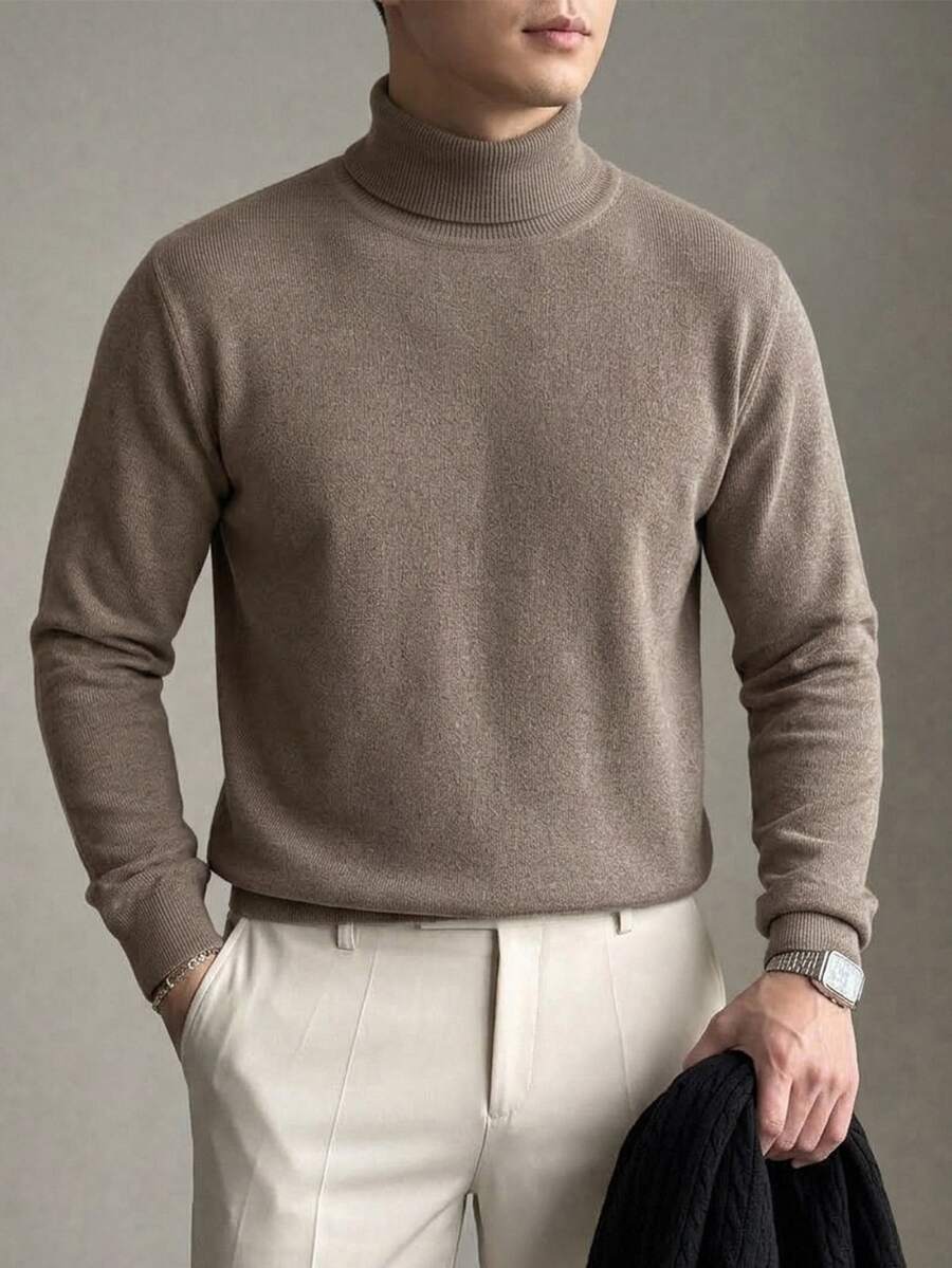 DAZY Spring/Autumn Solid Brown Textured Knit High Neck Fitted Base Layer Commute Korean Style Long Sleeve Men's Sweater - Grey - View 1