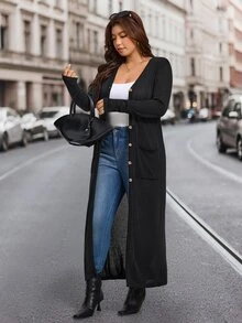 Comfylo Plus Size Women's Long Sleeve Long Cardigan With Pockets, Open Front V-Neck, Lightweight Soft Comfortable Casual Daily Wear Winter - Black - View 7