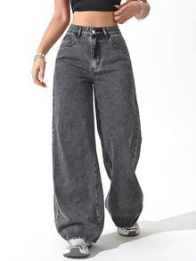 Jeanoix Y2K Millennium Style Plus Size Women's Washed Grey Wide Leg Jeans, High Waist Loose Streetwear Denim Pants - Grey - View 3