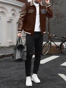 Manfinity CasualCool 男士純色拼接前扣長袖字母印花休閒棒球夾克，隊服夾克 - 棕色 - 查看 6