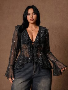 Rustia 大尺碼秋冬新款亮面布料荷葉領深V領長袖喇叭袖性感優雅法式風派對情人節女款襯衫 - 黑色 - 查看 3