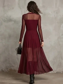 LUMIGAL Women's Mesh Patchwork Casual Party Long Dress - Red - View 2