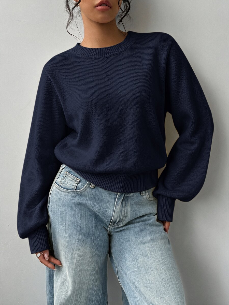 SHEIN BASICS 女款素色圓領長袖休閒基礎款寬鬆針織衫 淡黃色 秋冬日常早午餐校園穿搭 - 藏蓝色 - 查看 1