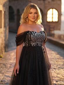 Aureia Plus Size Elegant Luxurious Beaded Embroidered Contrast Mesh Off-Shoulder Hanging Sleeve Applique Design Voluminous Extra Large Dress Suitable For Evening Party, Bachelorette Party, Date, Ball, Vacation, Wedding, Event Evening Gown (Heavy Workmanship Style) - Black - View 3