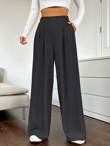SHEIN EZwear 女款純色高腰百褶寬腿口袋長褲 - 深灰色 - 查看 3