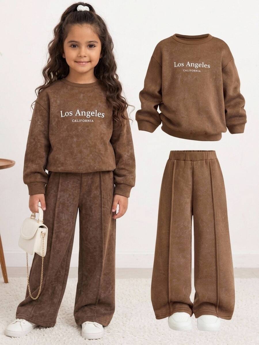 Young Girls Young Girl Brown Pullover Sweatshirt 2-Piece Set, Thick Soft Comfortable Autumn/Winter New Style - Brown - View 1
