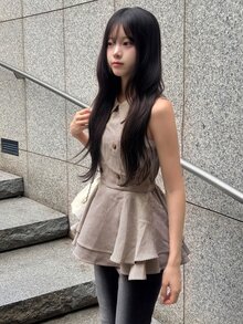 FRIFUL Women's Houndstooth Double-Breasted Lapel Sleeveless Blouse - Khaki - View 5