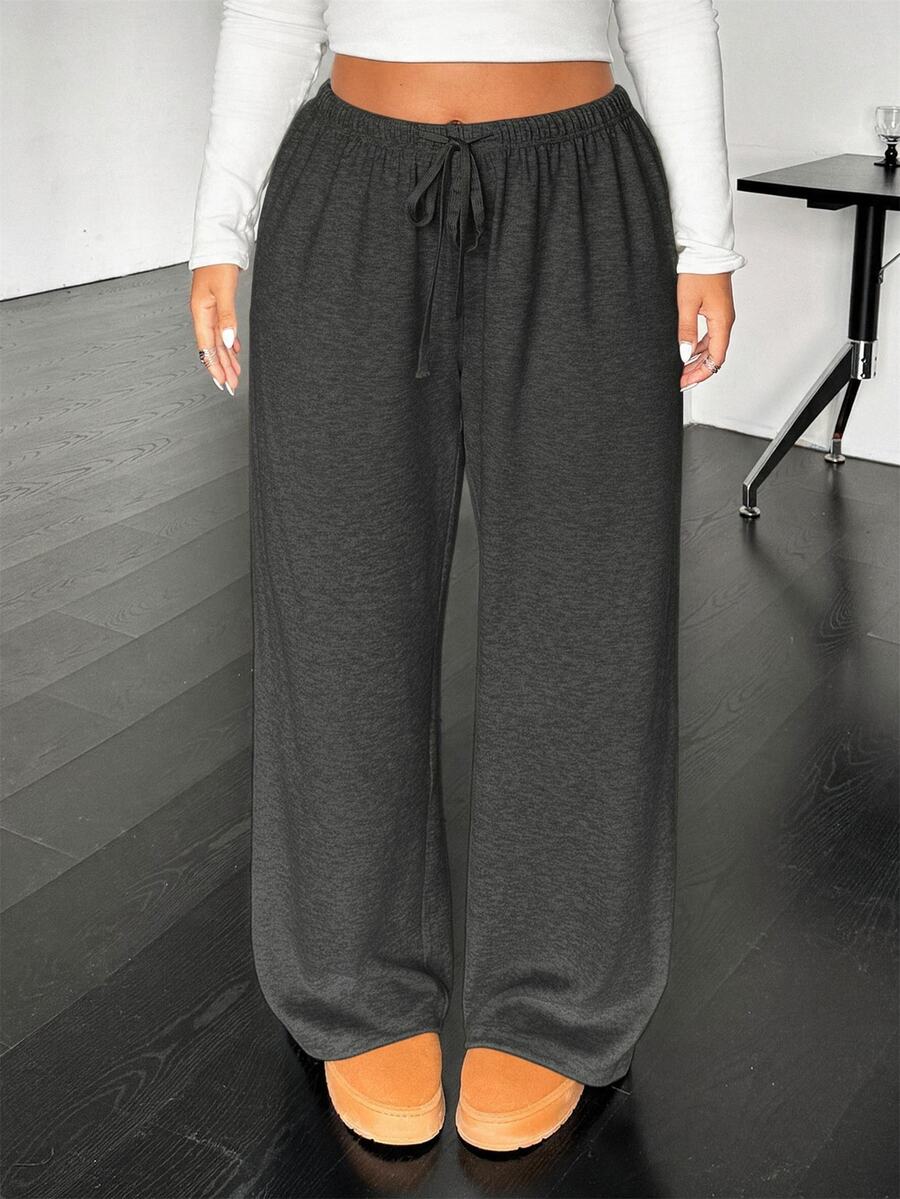 SHEIN EZwear 大尺碼休閒柔軟抽繩腰鬆直筒針織長褲 秋季健身正式灰色 - 深灰色 - 查看 1