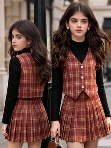 SHEIN 女款復古紅色格紋三件套，高領黑色羅紋針織內搭，搭配同款格紋V領背心＋百褶迷你裙，經典格紋配色，俐落剪裁，滿分學院風，層次感強，適合日常穿搭與拍照 - 彩色 - 查看 1