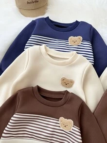 SHEIN Playful Pals 6件組幼兒男嬰運動衫長褲套裝，可愛藍色棕色奶油色熊圖案條紋，長袖圓領加厚，適合秋冬節日，舒適慢跑羅紋款 - 藍色 - 查看 9