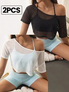 Velisys Velisys 女款純色圓領短袖不對稱肩短版運動T恤 2件組 - 黑與白 - 查看 1