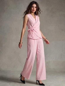 SHEIN 時尚優雅通勤女款 V 領無袖粉色上衣與長褲兩件套，春夏款 - 粉色 - 查看 3