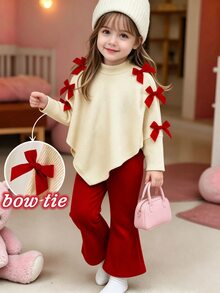 SHEIN Elladie kids 女童 2 件組秋季套裝，領口長袖不對稱下擺上衣，飾有棕紫色蝴蝶結，搭配長褲，返校穿搭衣著 - 彩色 - 查看 4