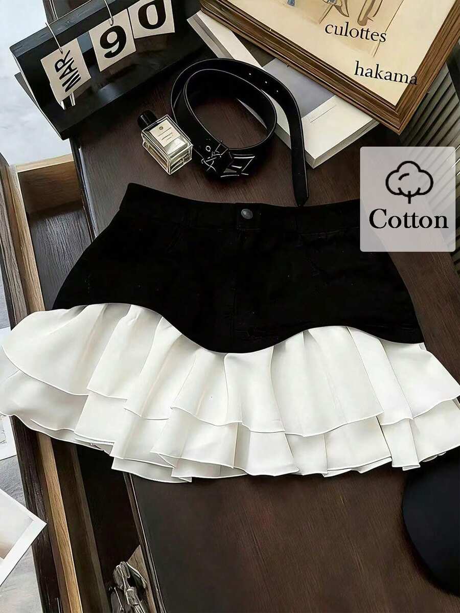 SHEIN Franclia Women's Elegant Black And White Patchwork Mini Skirt Spring Summer - Black and White - View 1