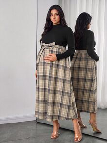 Momance Plus Size Maternity Dress Long Sleeve Waist Tie Plaid Dress Autumn/Winter Fall - Black - View 1