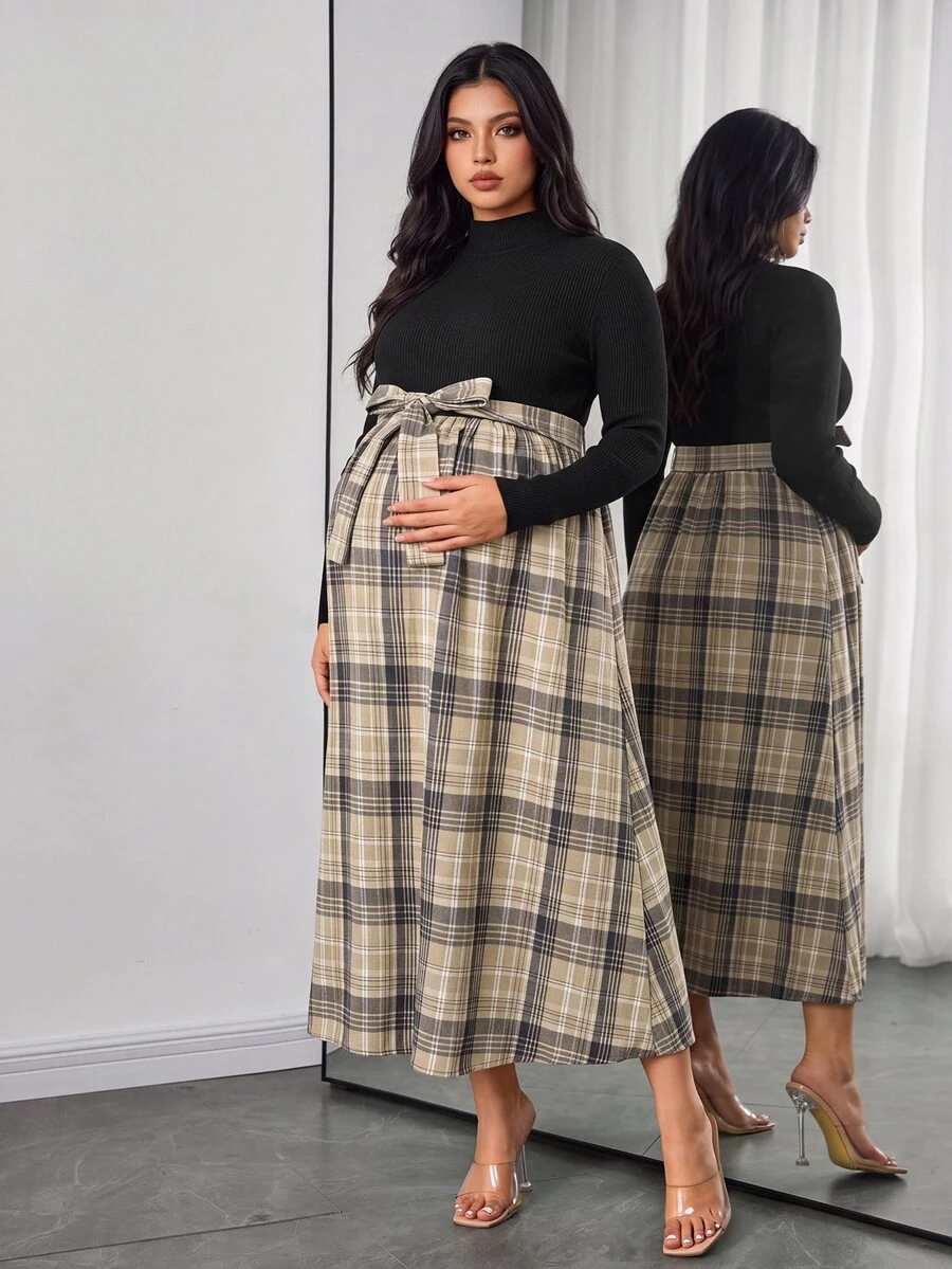 Momance Plus Size Maternity Dress Long Sleeve Waist Tie Plaid Dress Autumn/Winter Fall - Black - View 1